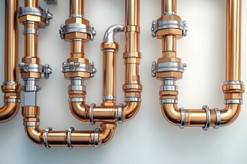 Close-up view of shiny copper pipes with metal clamps and joints arranged in intricate network on a light background
