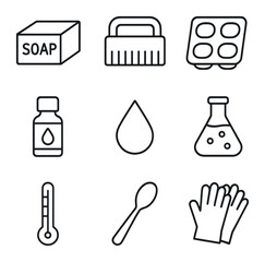 Obraz premium Soap Crafting Icons. Outline icon set of soap crafting: soap base, cutter, silicone mold, essential oil bottle, colorant droplet,