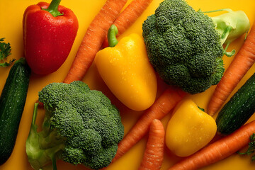 Colorful assortment of fresh vegetables arranged on a yellow surface.