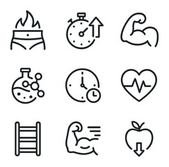 Fototapeta na wymiar Tabata Exercise Benefits Icons. Outline icon set of Tabata benefits: fat burn, endurance boost, strength gain, metabolism increase