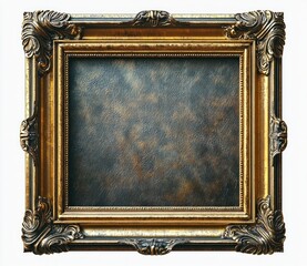 ornate antique gold picture frame with intricate baroque-style carvings surrounding an empty textured dark canvas inside