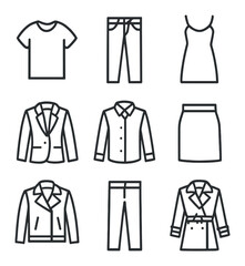 Wardrobe Essentials Icons. Outline icon set of in-store shopping: shopping bag, clothing rack, fitting room, full-length mirror,