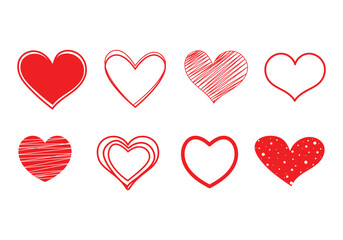 Red heart symbol isolated on white background, red heart icon love. Doodle red heart collection, hand drawn red heart  Design elements for Valentines day. 
