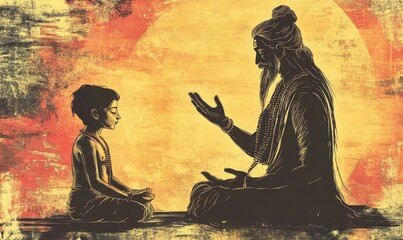 Grunge Guru Purnima Illustration with Sage and Disciple. AI generated illustration