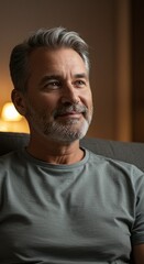 Obraz premium Portrait of handsome mature man with gray hair and beard looking away home