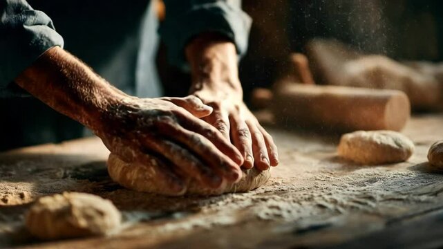Experienced male hands gently forming a round loaf of dough among flour and rolling pins on aged wooden table with soft light from the side. Concept of slow living and artisanal food traditions