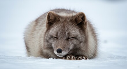 Obraz premium Arctic Fox Resting Peacefully in Snowy Winter Environment Photo