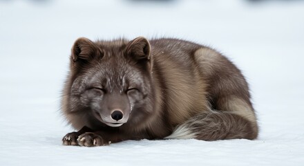 Arctic Fox Sleeping on Snowy Ground in Winter Portrait Photo