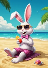 Cartoon Bunny Rabbit Relaxing on Beach with Cocktail and Sunglasses Photo