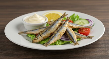 Delicious Fried Sardines Served with Vegetables on a White Plate Photo