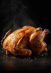 Delicious Roasted Chicken with Steam on Black Background Photo