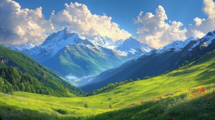 Fototapeta premium Bright green valley with wildflowers and lush grass leading to forested hills and majestic snow-covered mountain peaks under a vibrant blue sky with fluffy clouds
