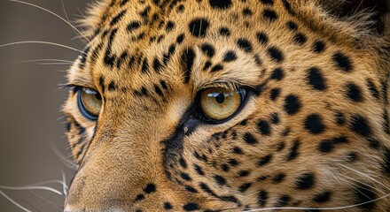 Detailed Photo of a Leopard Head with Yellow Eyes Focused on a Brown Background Photo