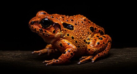 Detailed Photo of an Orange Frog with Black Spots on Dark Background
