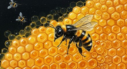 Detailed Photo of Bee on Honeycomb with Yellow and Black Colors