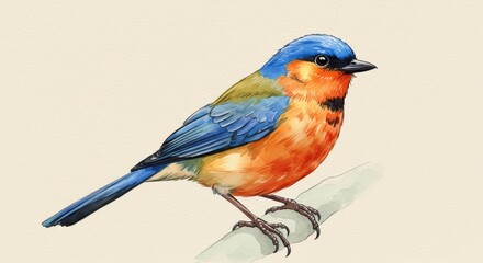 Detailed Realistic Illustration Of A Colorful Perched Bird On A Branch In Neutral Background
