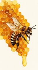 Detailed Watercolor Illustration Of A Bee And Honeycomb In Yellow And Brown Tones