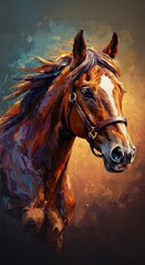Digital Art Portrait Of A Brown Horse Head With Golden Background Lighting