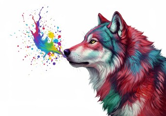 Digital Illustration Of A Colorful Wolf With A Paint Burst On White Background