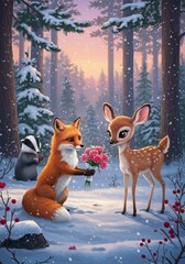 Digital Illustration Of A Fox Offering Flowers To A Deer In A Snowy Winter Forest
