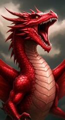 Digital Illustration of a Majestic Red Dragon with Open Mouth against Cloudy Sky