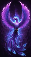 Digital Illustration of a Pixelated Purple Phoenix with Glowing Blue Wings and Feathers