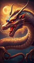 Digital Illustration Of A Powerful Dragon Against A Celestial Background