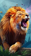 Digital Illustration Of A Roaring Lion With Orange Mane and Brown Fur Texture on Abstract Background