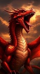 Digital Illustration Of A Red Dragon Roaring With Fiery Cloud Background