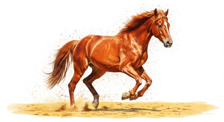 Digital Illustration Of A Running Brown Horse Isolated On White Background