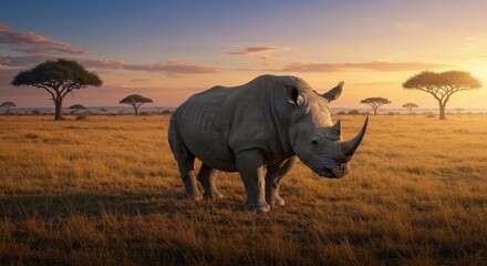 Digital Illustration Of A Rhinoceros At Sunset In An African Safari Landscape