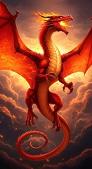 Digital Illustration Of Fiery Red Dragon With Wings Soaring Against Cloudy Sky