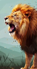 Digital Illustration of Roaring Lion Portrait with Orange Golden Mane and Green Background