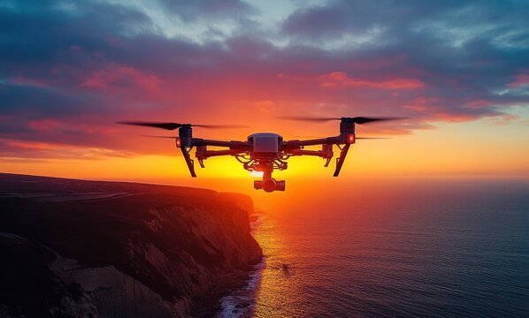 A drone flying over a cliff and ocean at sunset with dramatic clouds and vibrant orange and purple sky reflecting on the water
