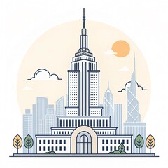 Obraz premium Illustration of a grand building in a cityscape with trees and a sun, showcasing modern urban architecture and design elements