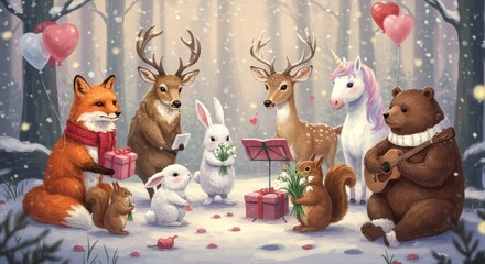 Festive Woodland Animals Celebrating Winter Gifts with Hearts and Flowers Photo