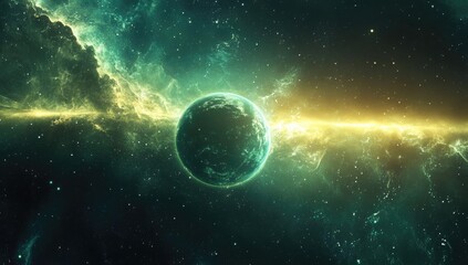 Obraz premium Emerald planet in vibrant cosmic nebula