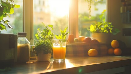 Sunlight streams into a kitchen, illuminating fresh juice and herbs on a windowsill (1)