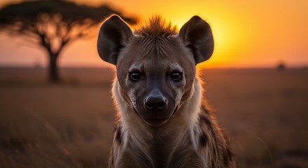 Hyena Portrait At Sunset In Africa A Realistic Photo with Golden Light