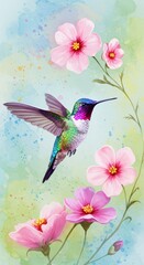 Hummingbird With Pink Flowers Illustration on Watercolor Background