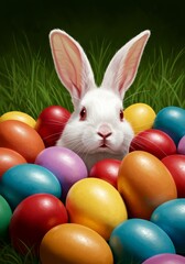 Illustration Of White Bunny Surrounded By Colorful Easter Eggs in Green Grass