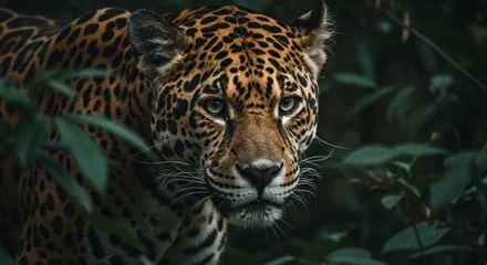Tableau sur toile Animaux Jaguar Portrait Photo in Jungle Green Leaves with Spotty Fur and Green Eyes  © Cahyani