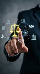Legal technology integration, businessman interacts with holographic law interface