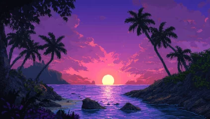 Sierkussen Pruimkleur Pixel art sunset over a tropical cove  © X