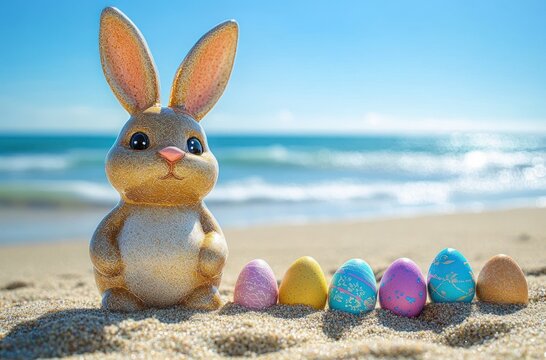 Cute shiny ceramic bunny figurine standing on sandy beach next to six colorful decorated Easter eggs under bright blue sky - Powered by Adobe