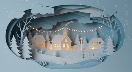 Paper Cut Christmas Village Illustration With Winter Snow And Lights