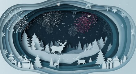 Paper Cut Illustration Of Festive Winter Landscape With Deer And Fireworks