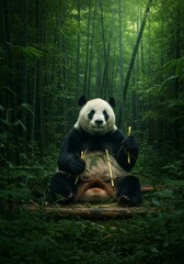 Photo A Giant Panda in Lush Green Bamboo Forest Eating Bamboo Peaceful Scene