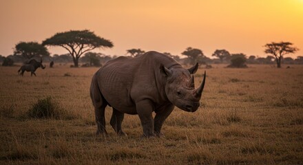 Fototapeta premium Photo A Rhino Stands In Golden Light During Sunset On African Savanna