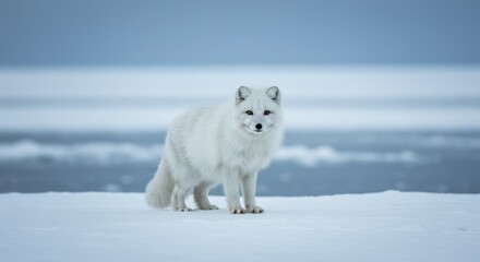 Obraz premium Photo Arctic Fox Standing On Snow Observing Cold Wintery Landscape